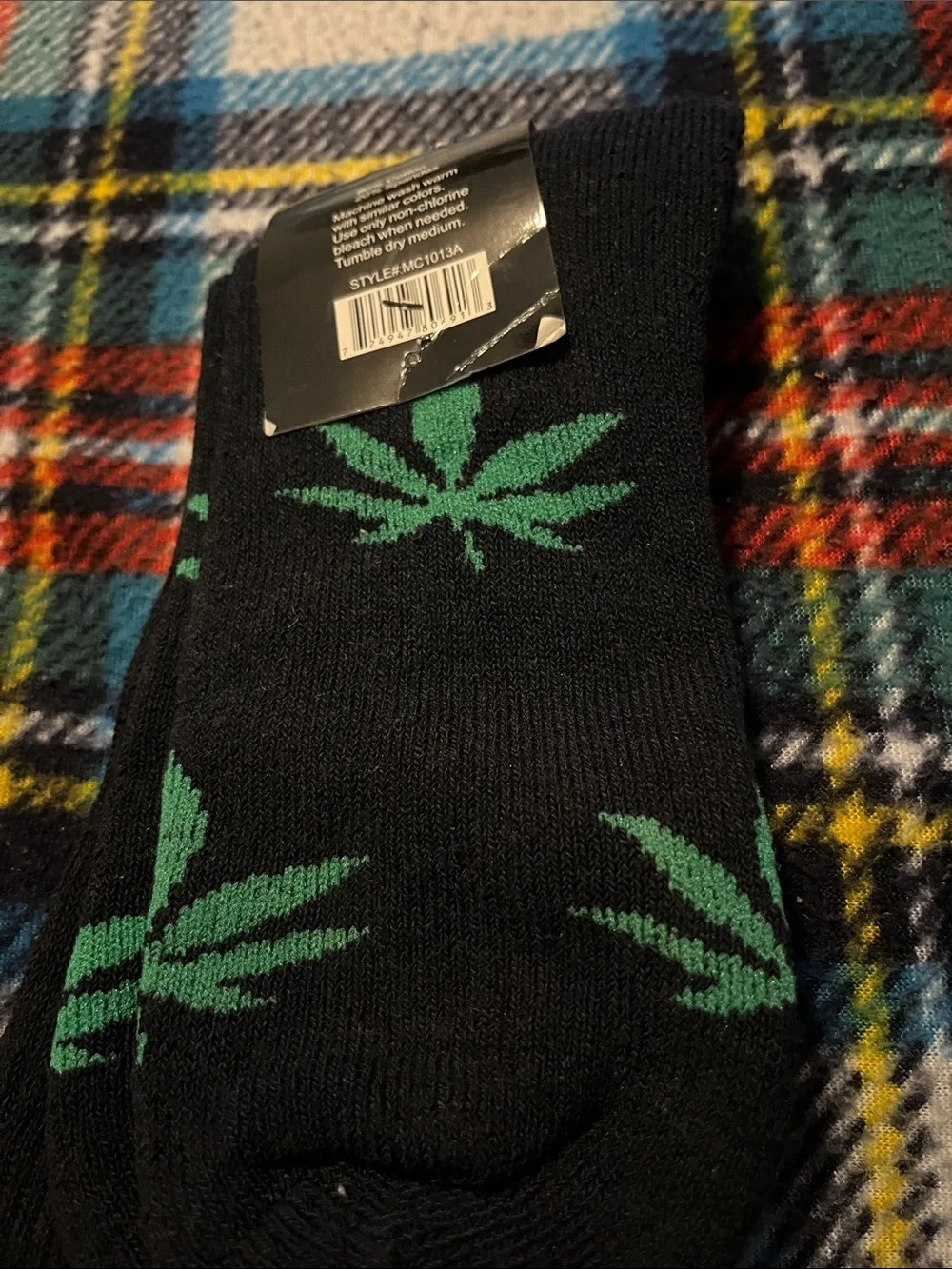 Black Crew Socks with Green Leaf Motif